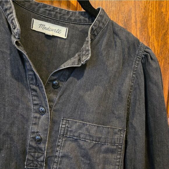 Madewell Denim Button-Up Black Distressed Collarless Shirt XSMALL - Picture 3 of 10